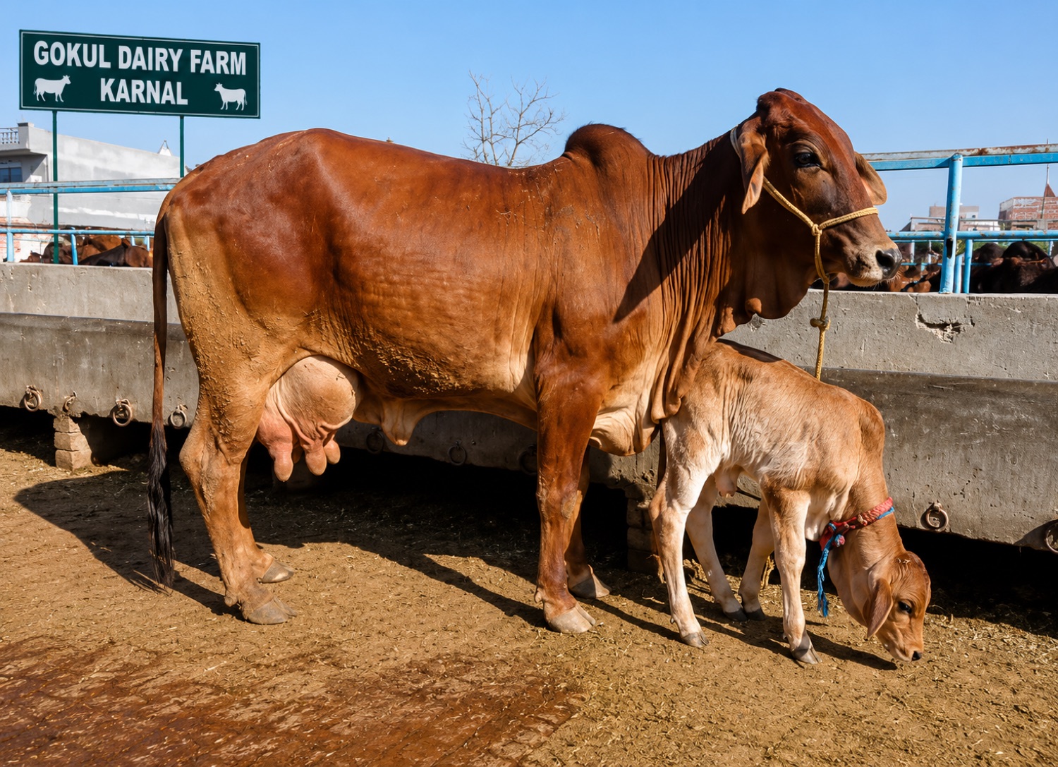 Sahiwal cow with her female calf at Gokul Dairy Farm