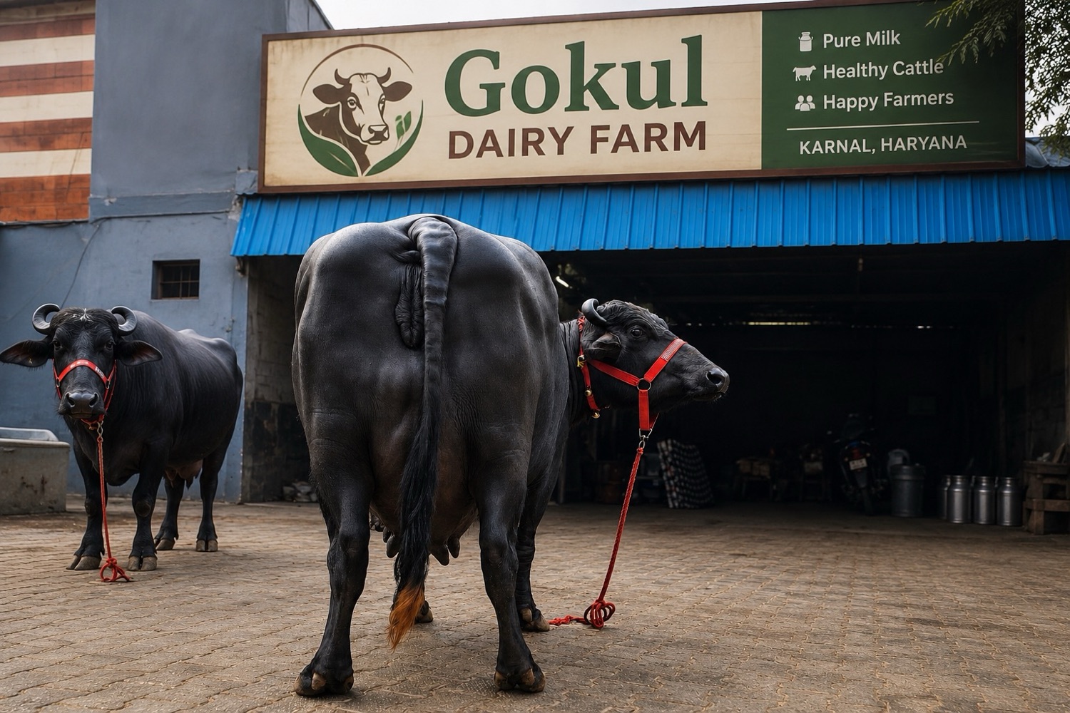 Two Murrah buffaloes at Gokul Dairy Farm signboard, Karnal, Haryana